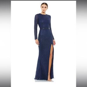 MAC DUGGAL Lattice Beaded Long Sleeve Evening Gown Size 4 Midnight blue NWT